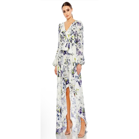 Mac Duggal 11334 Floral A-Line Gown Puff Sleeves Slit Train Size 2